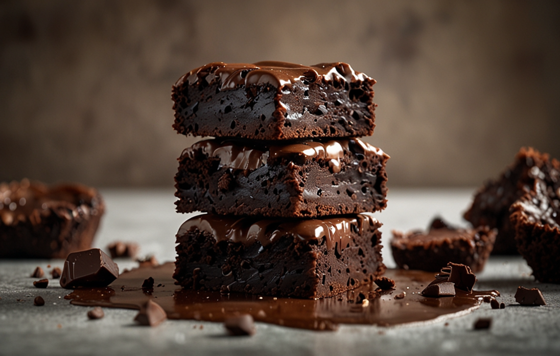 Freshly baked brownies stacked on a plate
