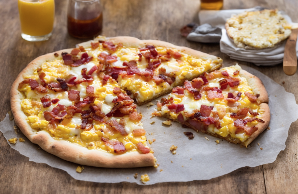 Delicious breakfast pizza on a sunny brunch table