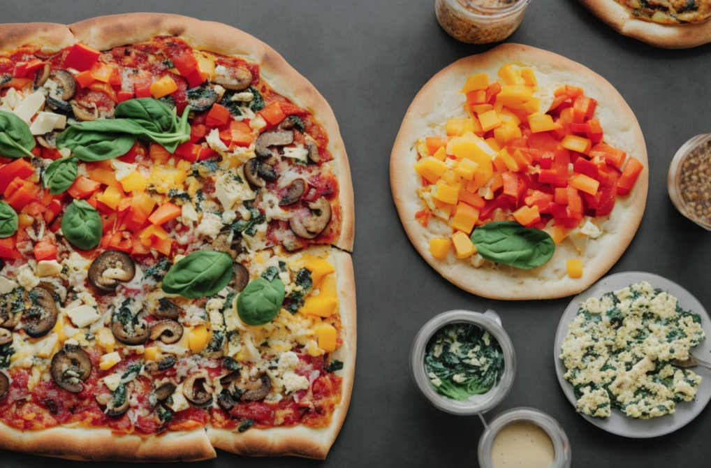 Fresh ingredients around a breakfast pizza in preparation