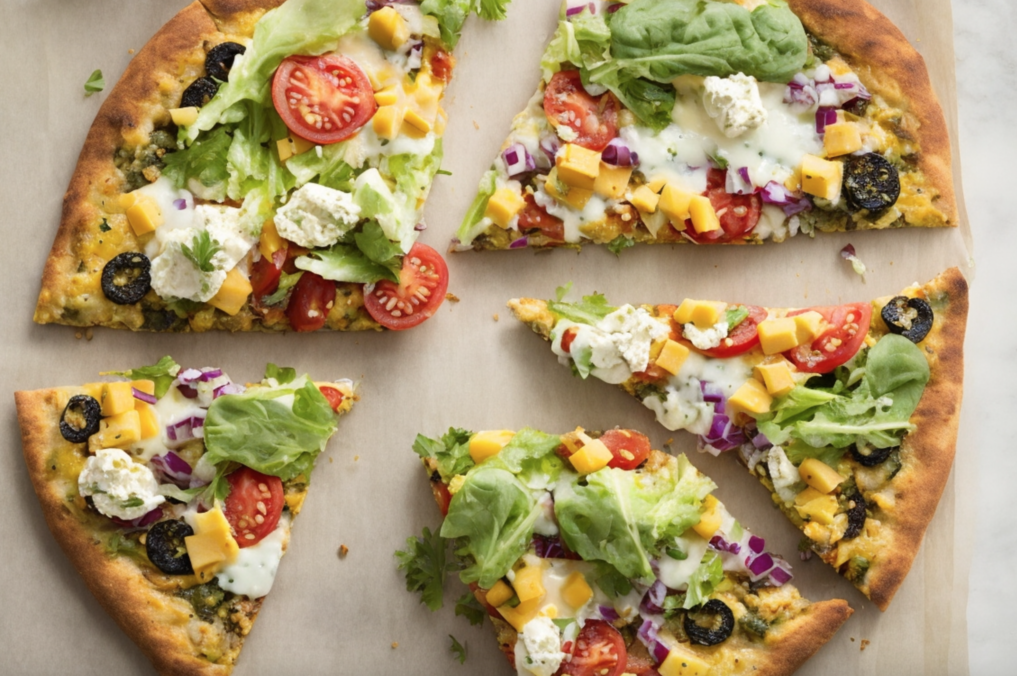 Healthy slice of breakfast pizza with fresh vegetables