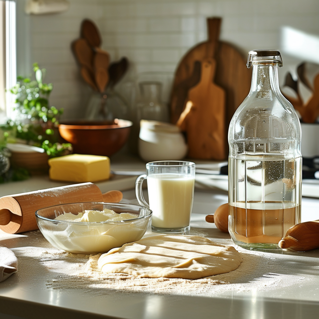 Ingredients for pie crust: flour, butter, and a glass of water