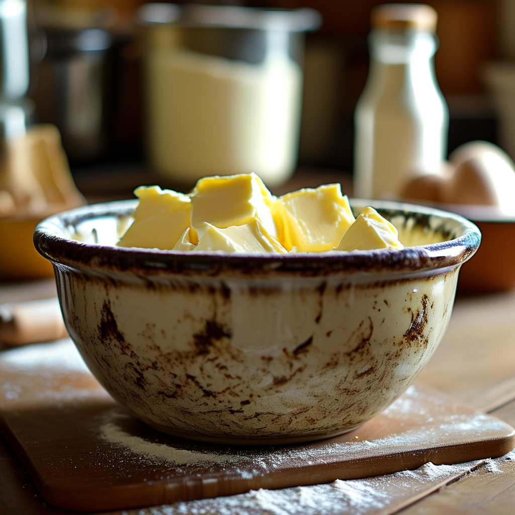 Mixing bowl with flour, showing the process of cutting in butter