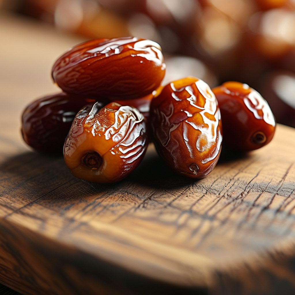 Pitted dates on a wooden cutting board