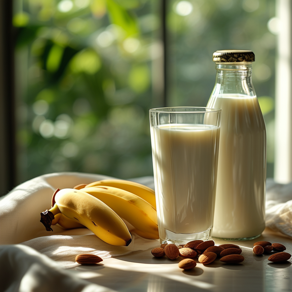 Banana next to almond milk