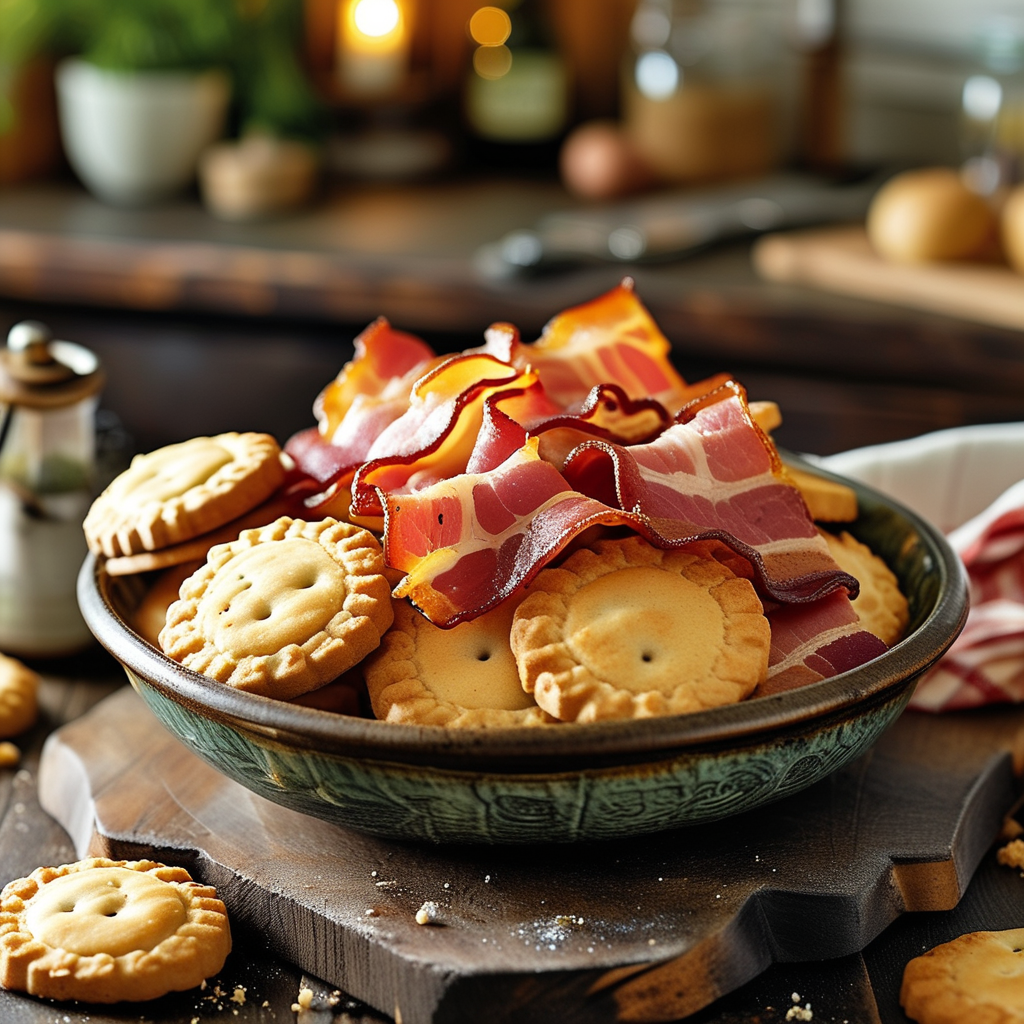 Image of finished Bacon Sawmill Gravy served in a bowl next to fluffy biscuits.
