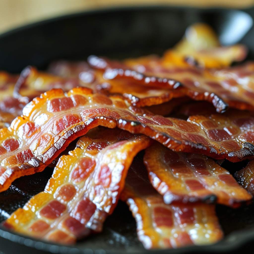 Close-up of crispy bacon slices frying in a skillet.