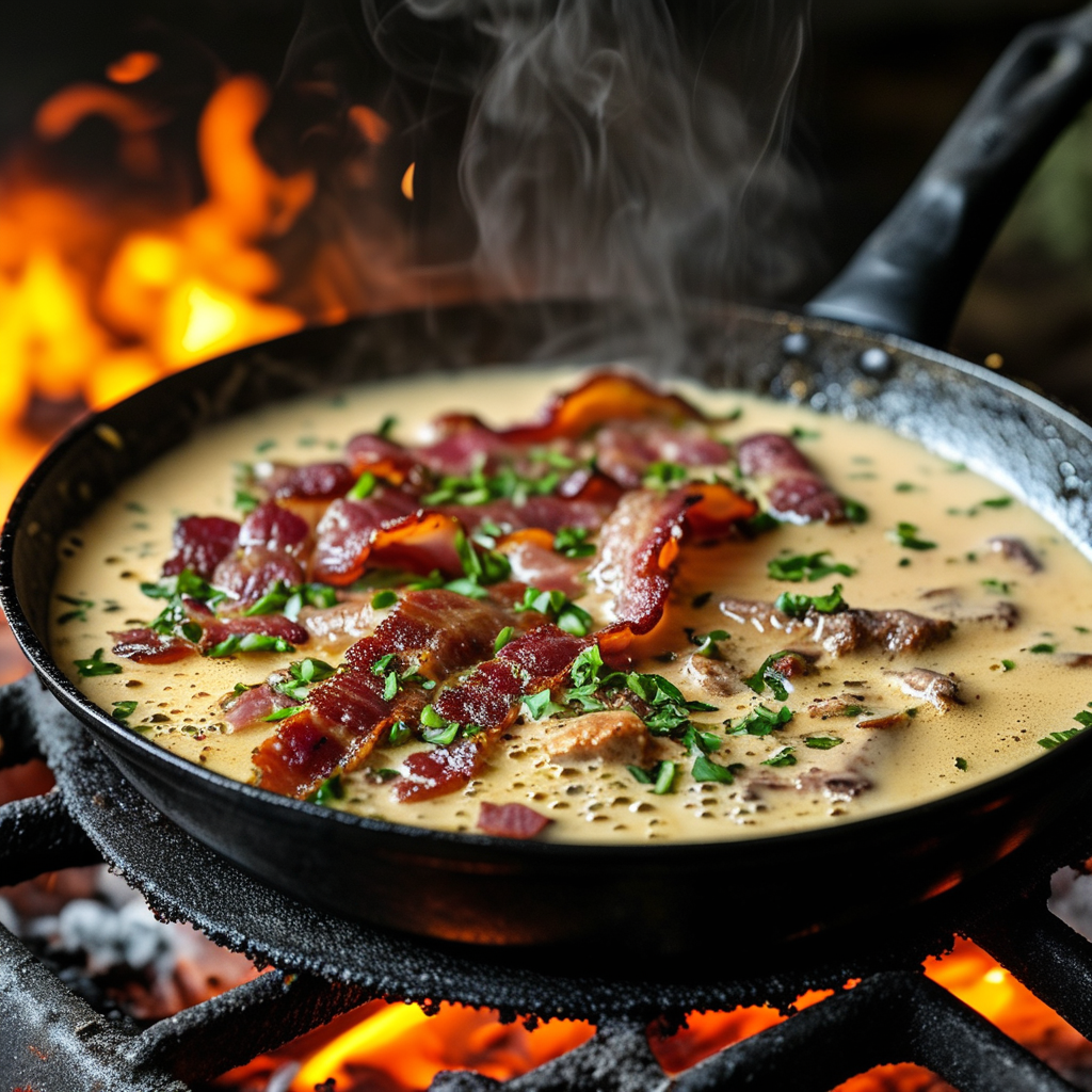 A saucepan with gravy thickening on the stove, garnished with a sprinkle of black pepper.
