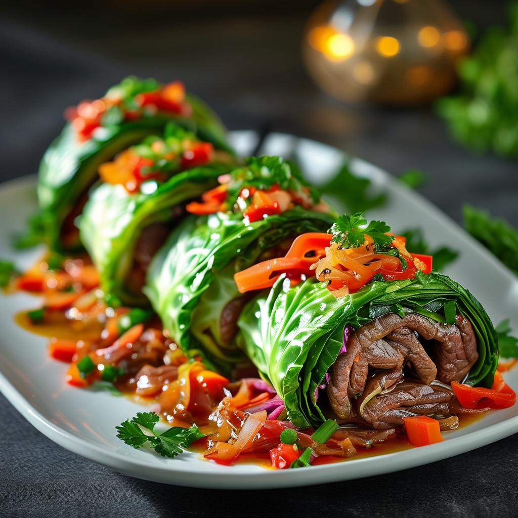 A beautifully plated dish showcasing tender beef pieces mixed with sautéed cabbage, garnished with fresh herbs.