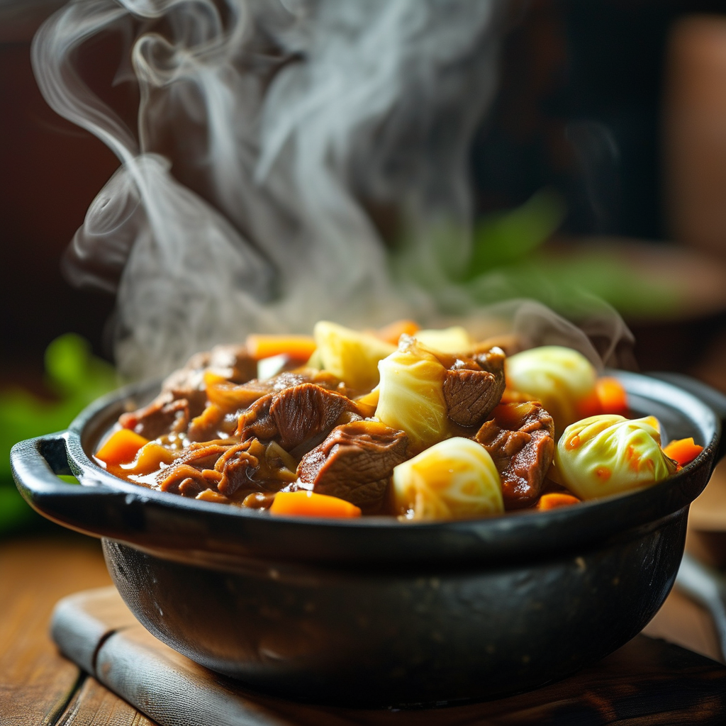 A close-up shot of a pot simmering with beef and cabbage, illustrating the cooking process with steam rising and vibrant colors.
