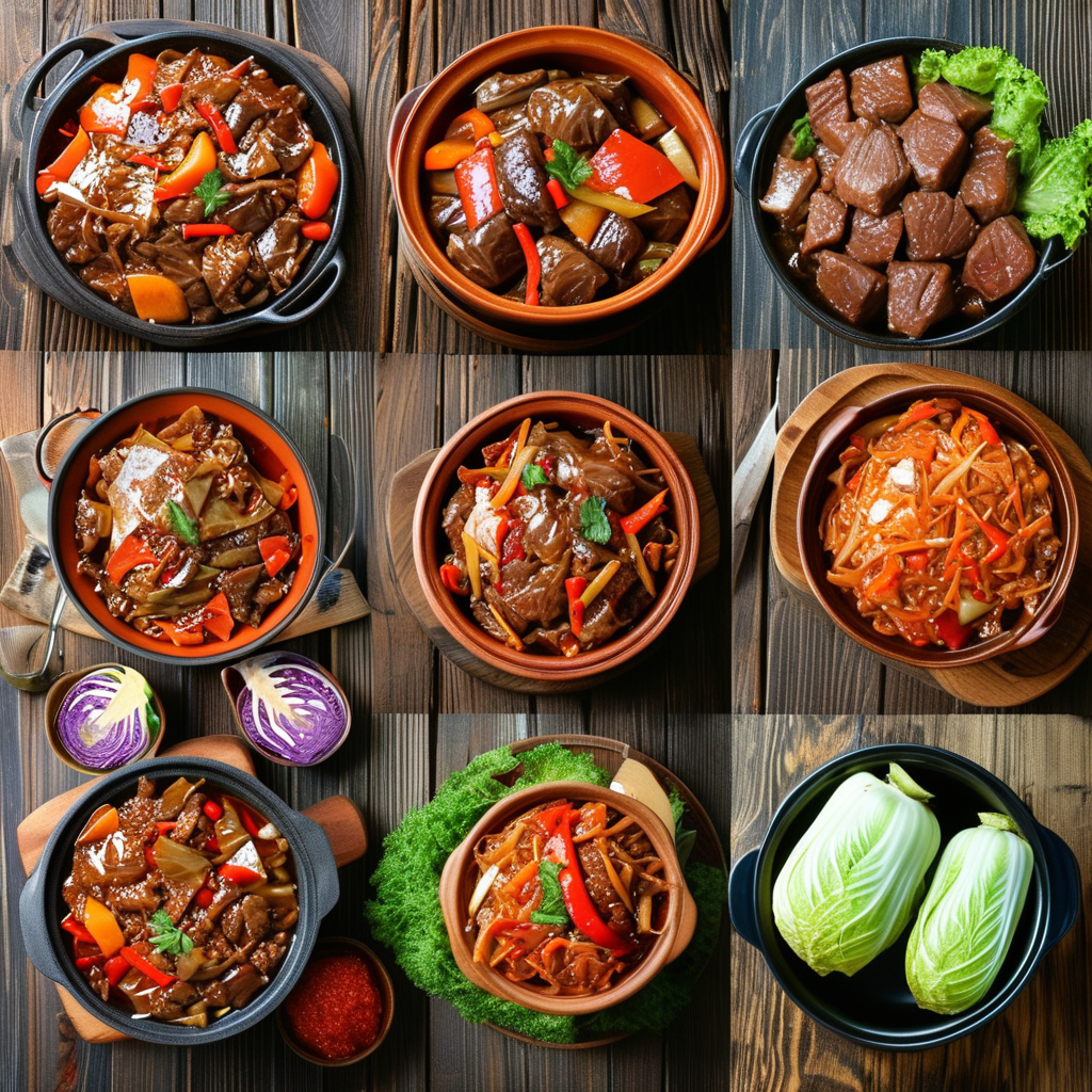 A collage of different beef and cabbage variations, including stir-fry, stew, stuffed cabbage rolls, and casserole, beautifully presented on a rustic wooden table.
