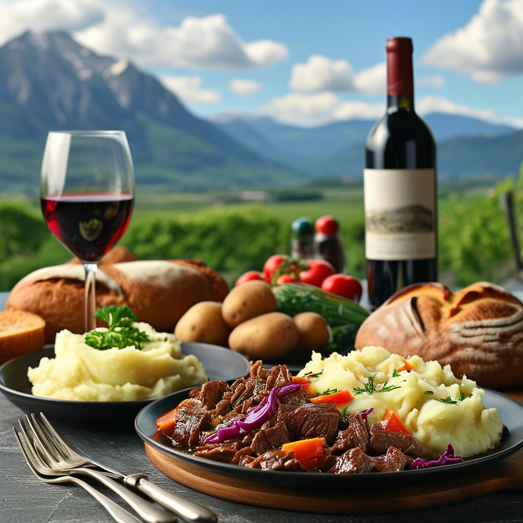 A picturesque dining table set with a finished beef and cabbage meal alongside traditional sides like mashed potatoes and bread, with a bottle of red wine in the background.