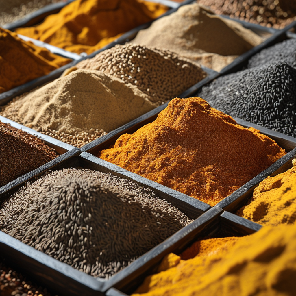 An artistic display of whole cumin seeds, ground cumin powder, and different varieties of cumin.