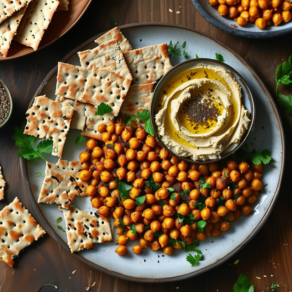 A vibrant plate of Cumin Roasted Chickpeas and Cumin-Spiced Hummus.
