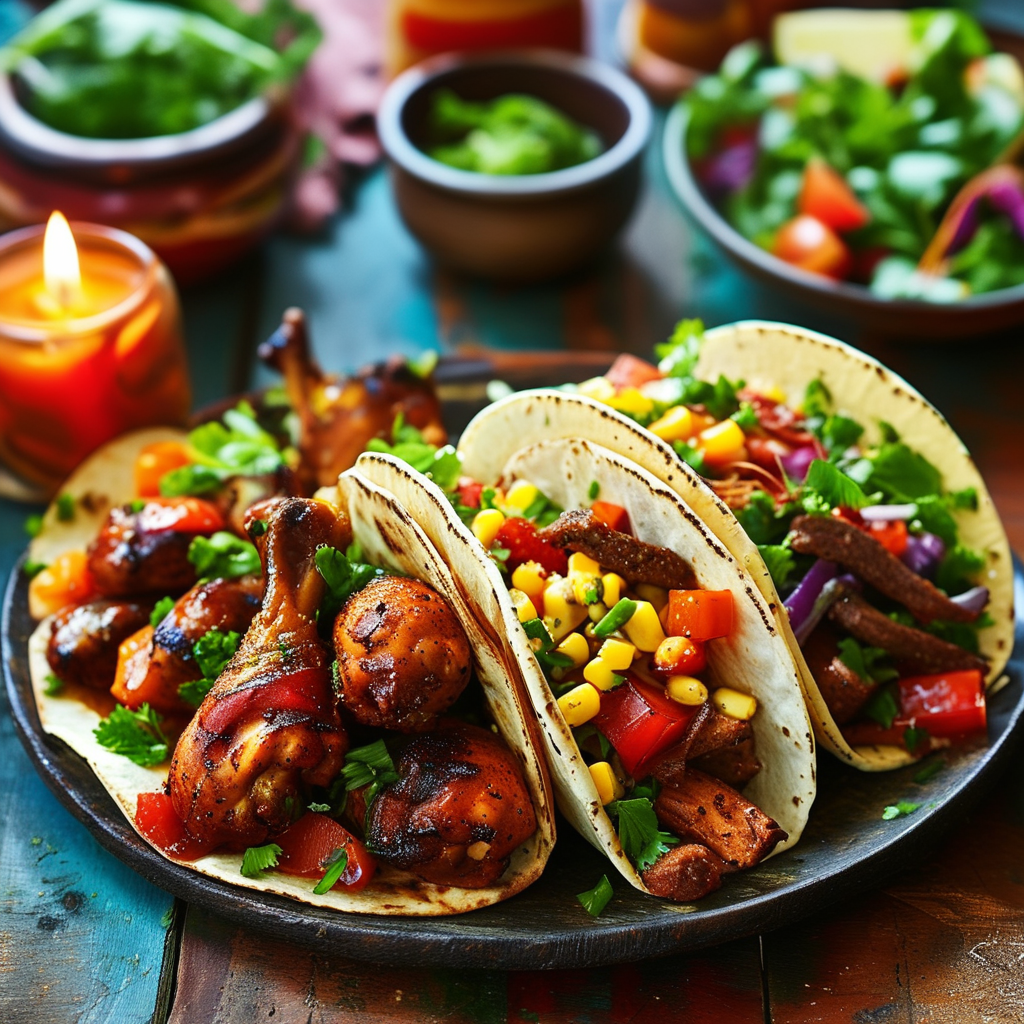 A delicious looking Cumin-Crusted Chicken Thighs served with Spiced Beef Tacos.