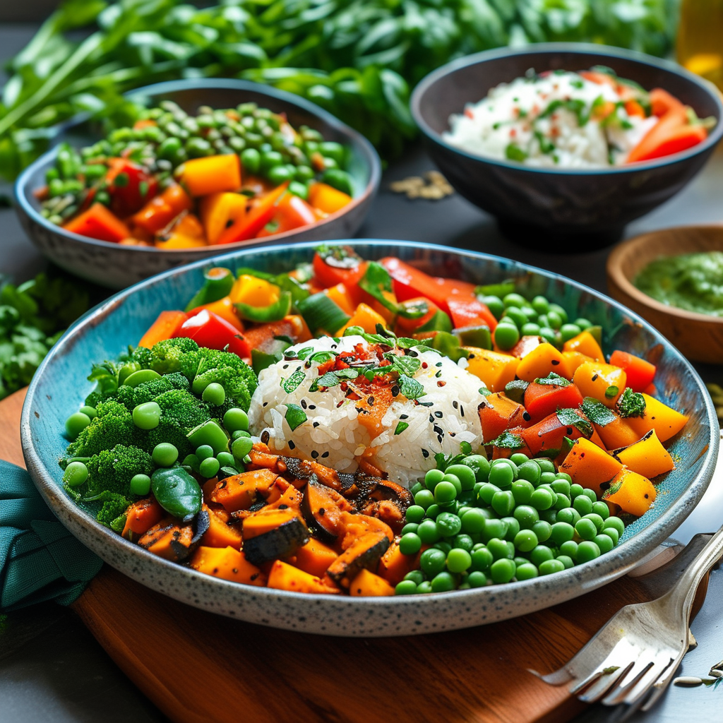 A visually appealing spread of vegan dishes like Cumin-Spiced Vegetable Stir-Fry and Cumin-infused Rice and Beans.