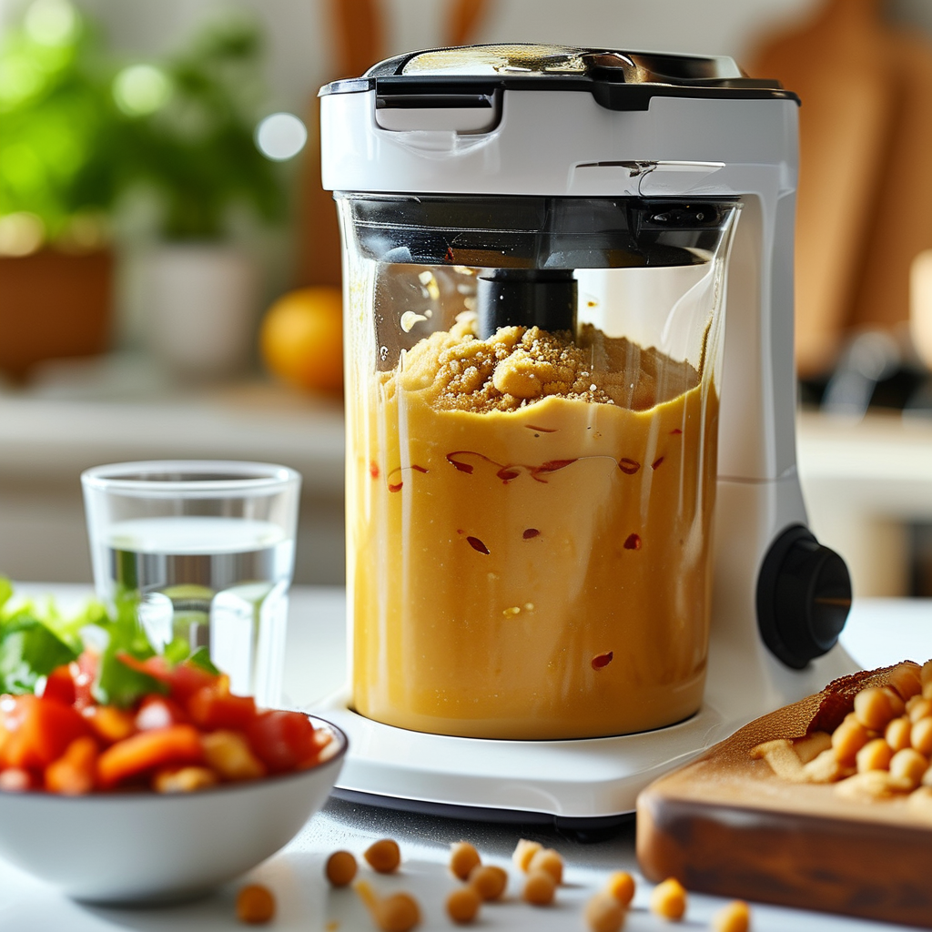 Blending hummus ingredients in a food processor