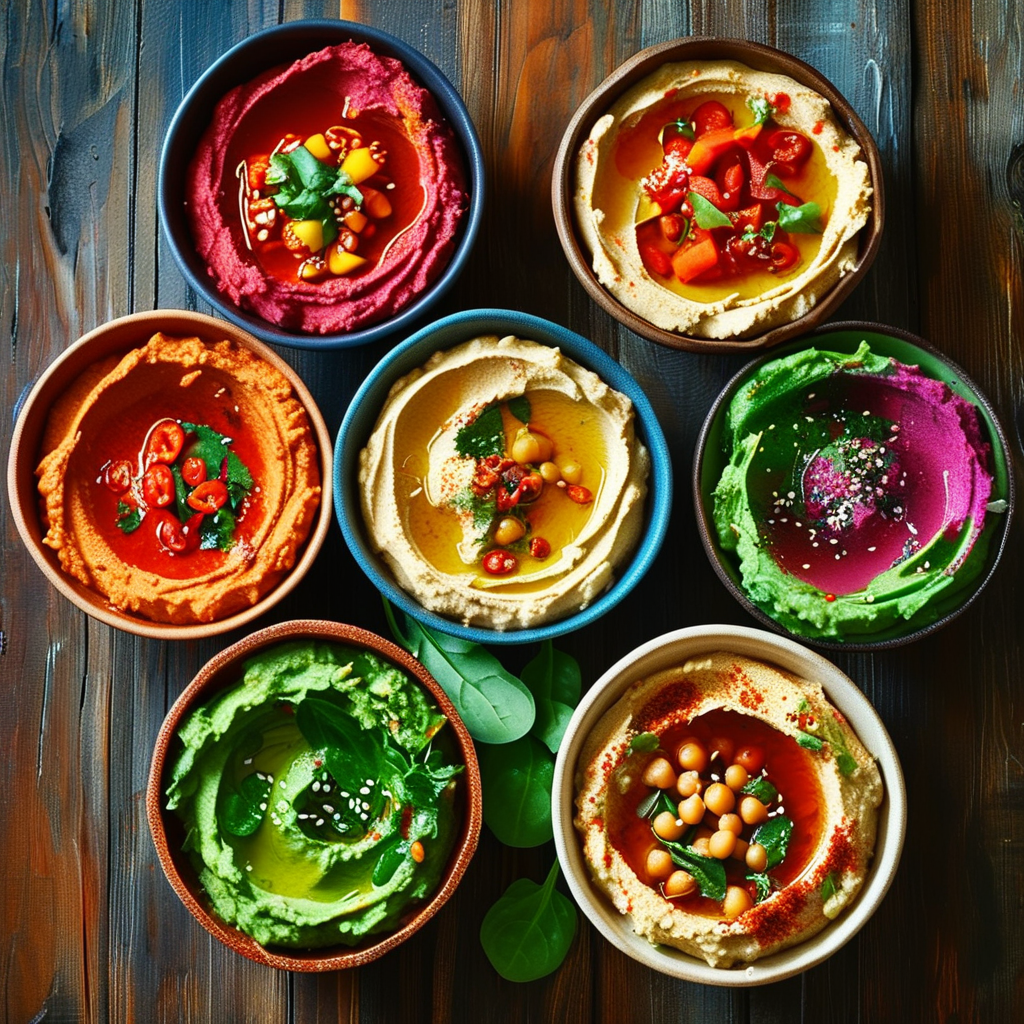 Five different bowls of hummus variations