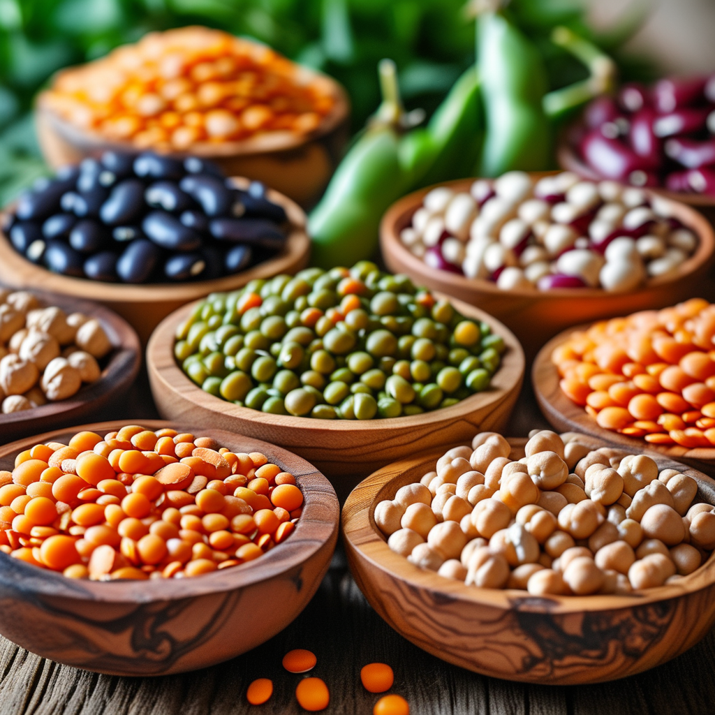 An assortment of fresh legumes including beans, lentils, peas, and chickpeas displayed in a wooden bowl.