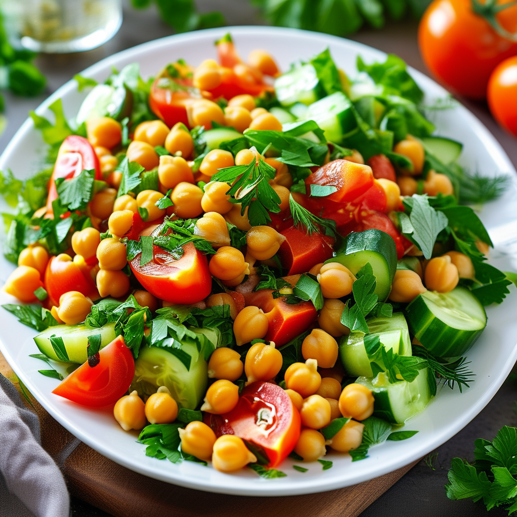 A vibrant salad featuring chickpeas, tomatoes, cucumbers, and herbs, arranged beautifully on a plate.