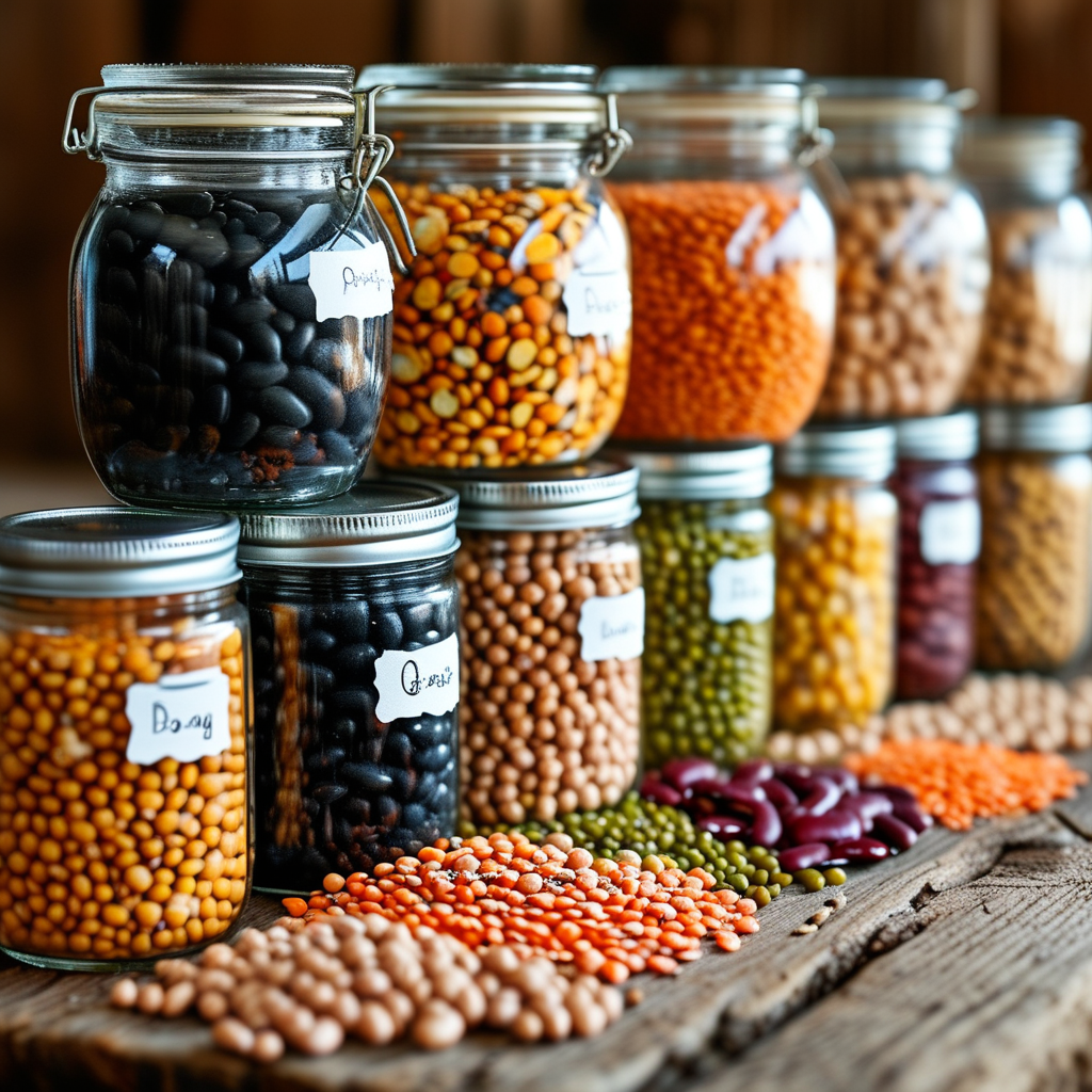A colorful display of different types of beans in glass jars on a rustic table.