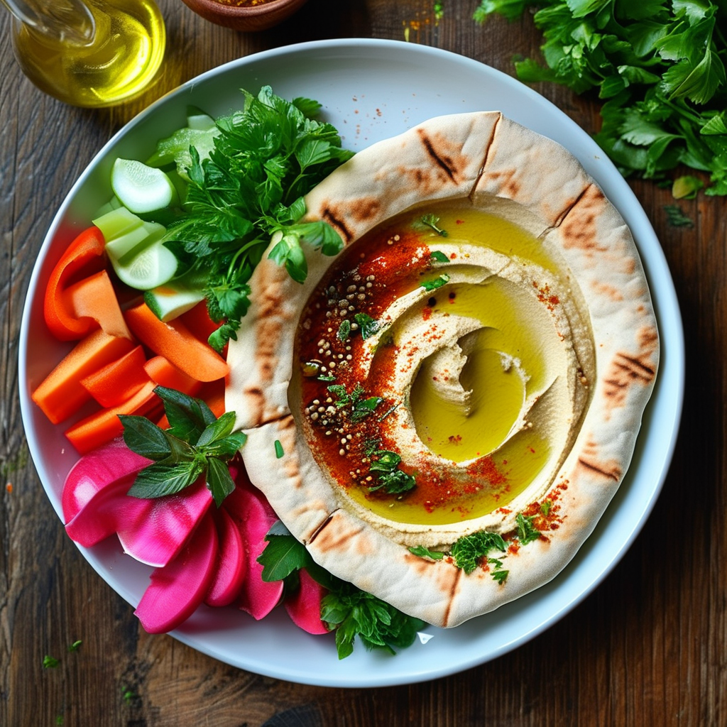 A beautifully plated dish of hummus topped with olive oil and spices, served with pita bread and vegetables for dipping.