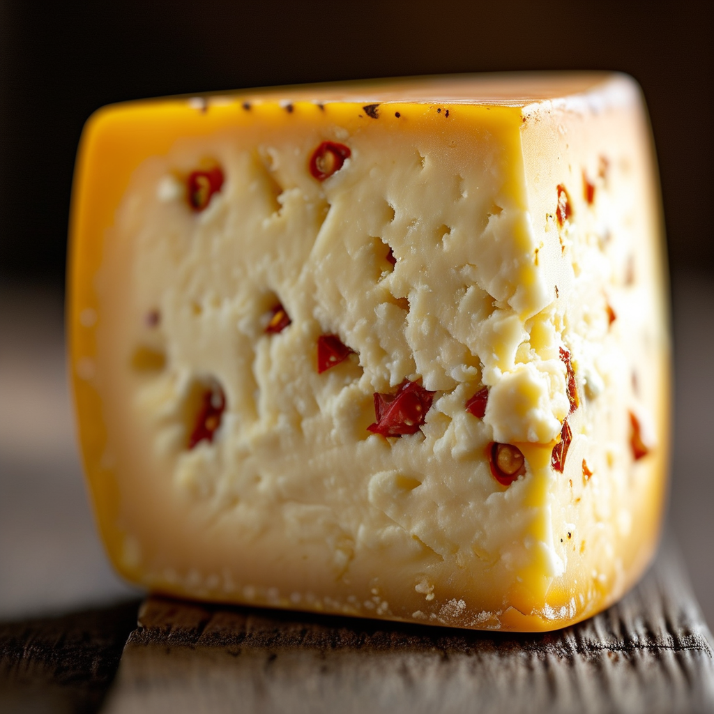 A block of Pepper Jack Cheese with pepper flecks