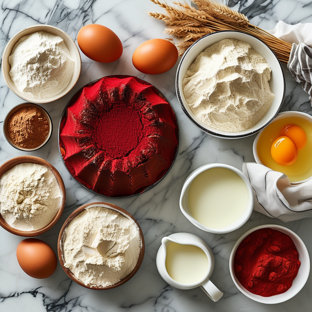 Close-up of key ingredients for the red velvet dessert