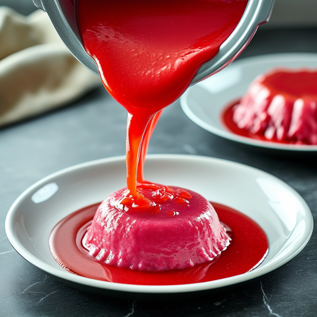 Rich red batter being poured into a bundt pan