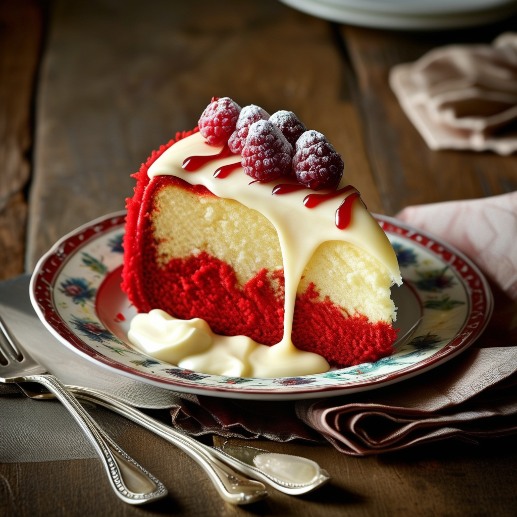 Slice of finished red velvet dessert on a plate