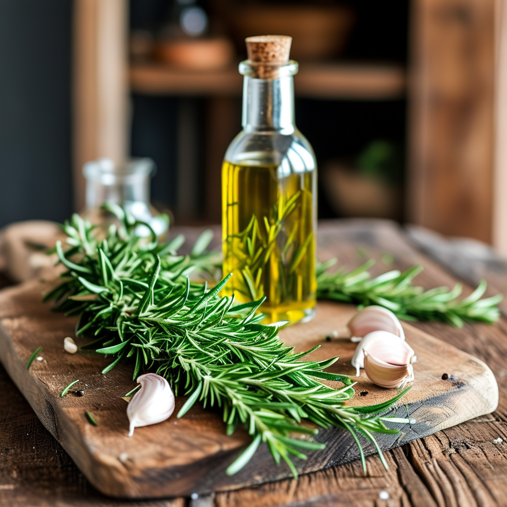 An arrangement of fresh rosemary sprigs with garlic and olive oil on a rustic wooden table.