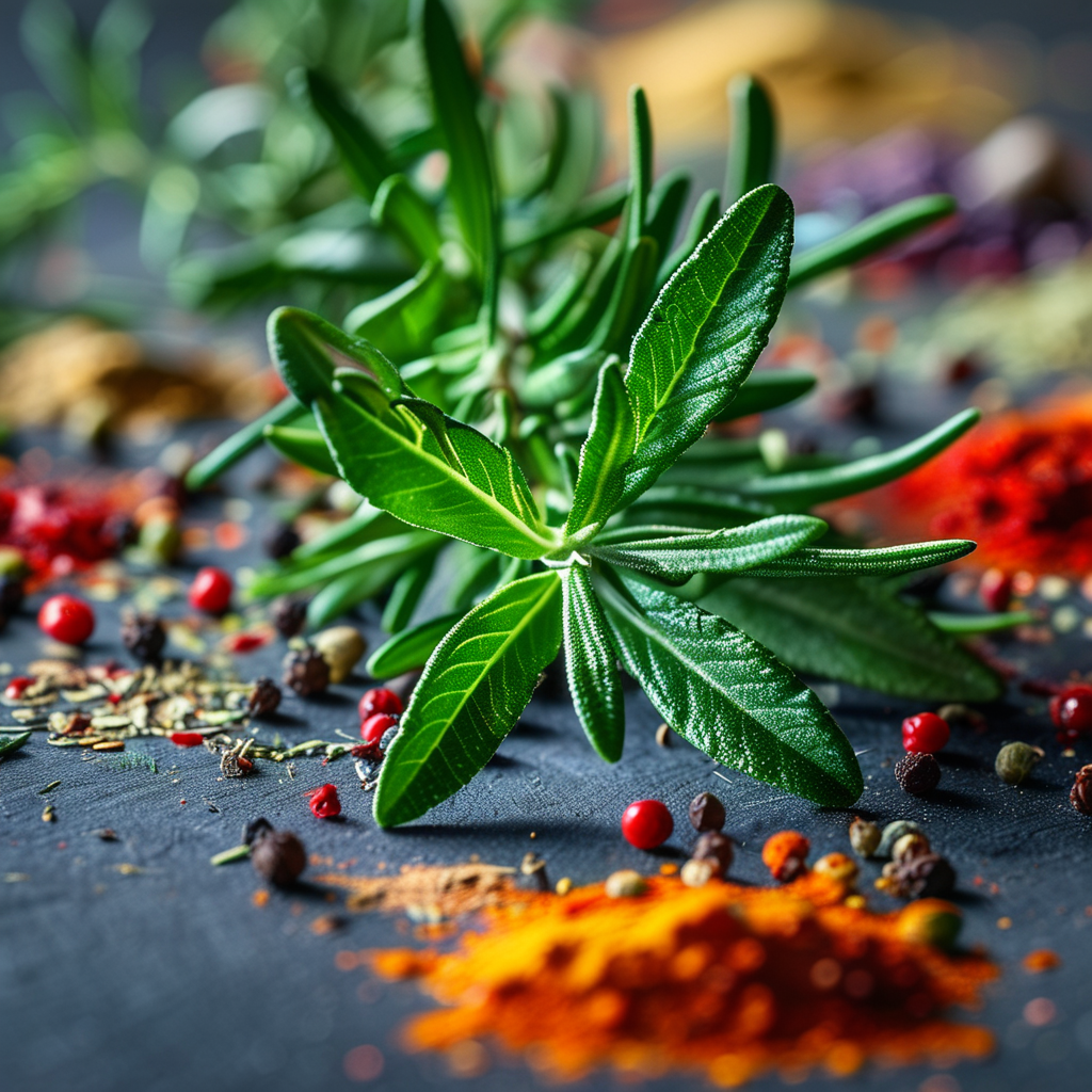 A close-up of rosemary leaves and a variety of spices, showcasing their vibrant colors.