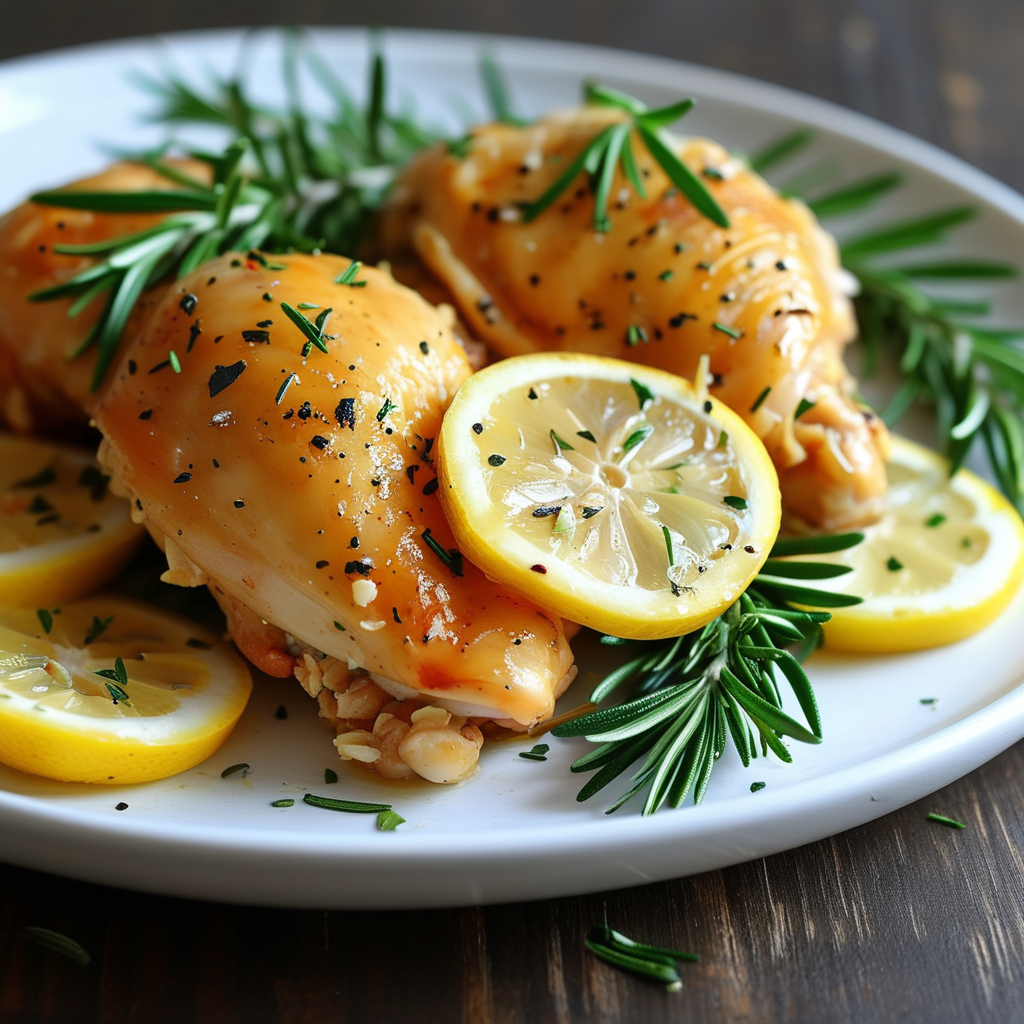 Beautifully plated Rosemary Lemon Chicken on a white dish, garnished with lemon slices and rosemary.