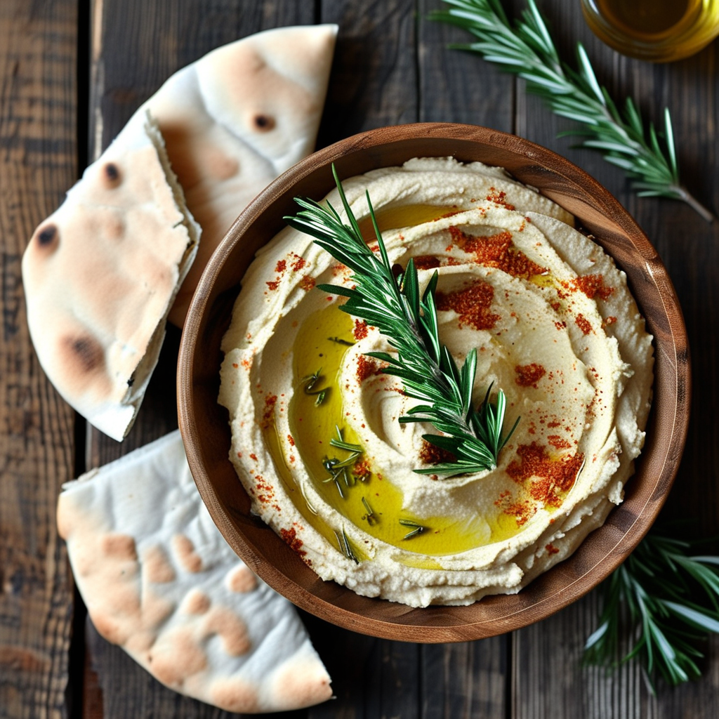 A bowl of creamy Rosemary Hummus drizzled with olive oil and garnished with rosemary sprigs, alongside pita bread.