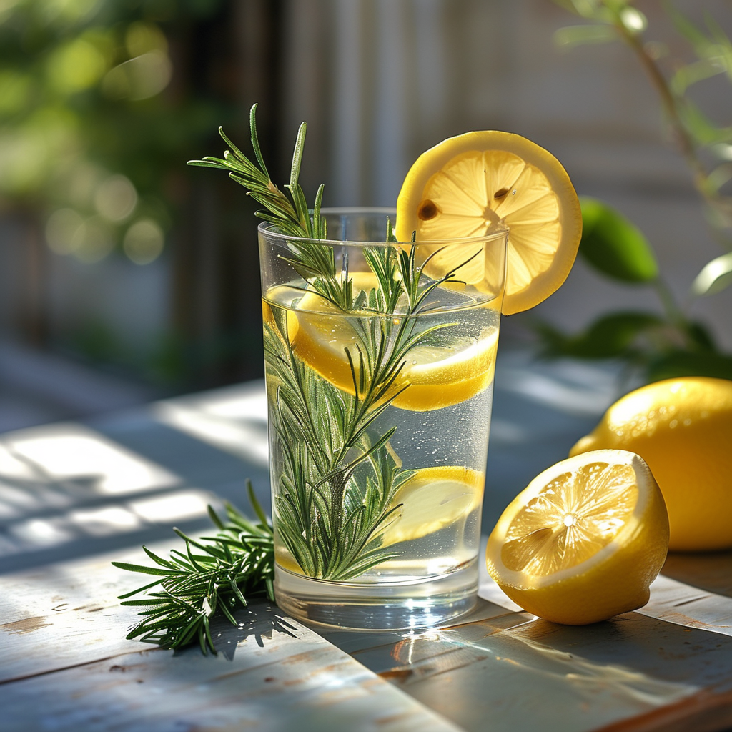 A refreshing glass of Rosemary Lemonade with a sprig of rosemary and lemons on the side, placed on a sunlit table.