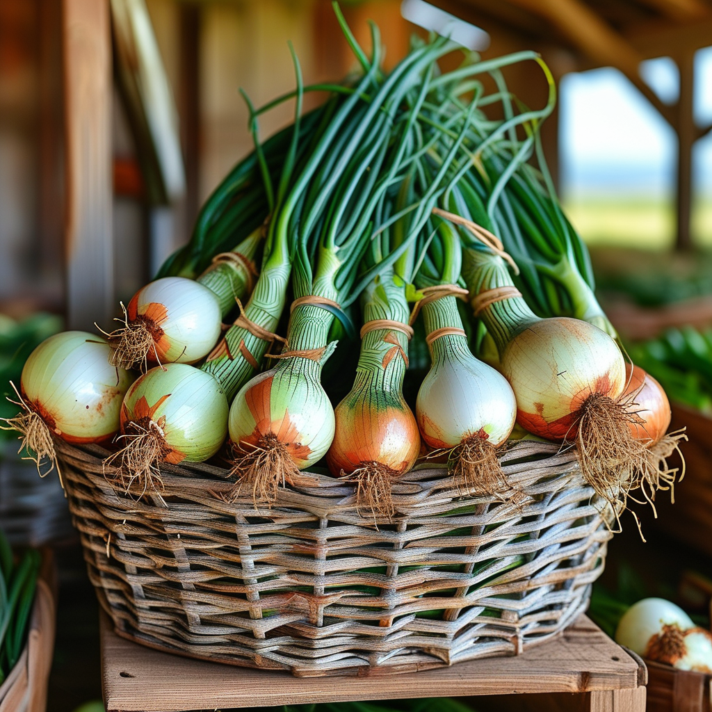 Freshly harvested Tennessee onions in a rustic basket