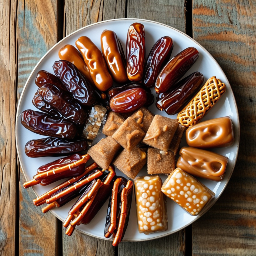 A beautifully arranged platter showcasing a variety of sweet and salty foods