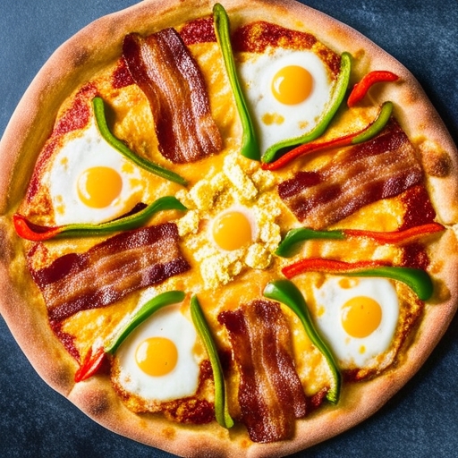 A freshly baked breakfast pizza with a golden crust, topped with scrambled eggs, melted cheese, bell peppers, and bacon.