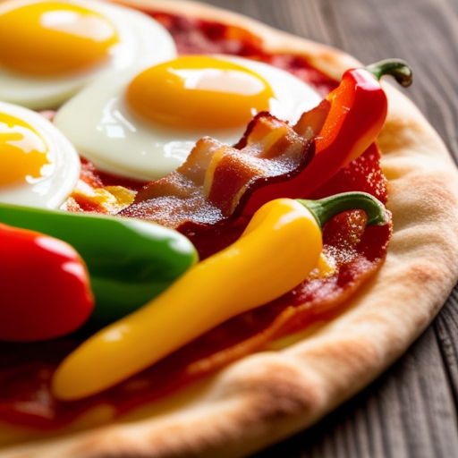 A close-up shot of the main ingredients used in breakfast pizza: eggs, cheese, and various toppings arranged on a wooden board.