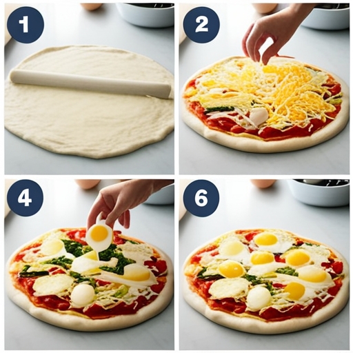 A step-by-step depiction of the breakfast pizza-making process showing pizza dough being rolled out and topped with ingredients.