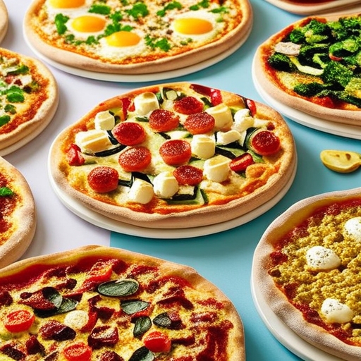 A colorful display of various breakfast pizza styles including vegetarian, gluten-free, and traditional options on a table.
