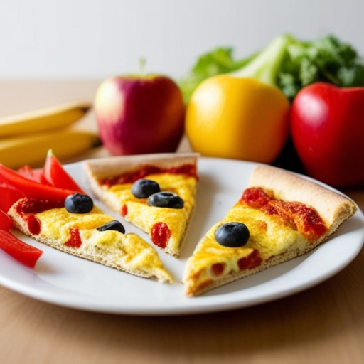 An appealing table setting with slices of breakfast pizza next to fresh fruits and vegetables, representing healthy eating habits in schools.