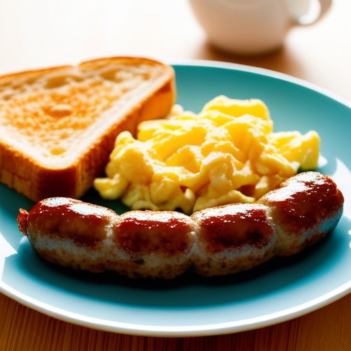 A plate of golden-brown sausage links served with scrambled eggs and toast.