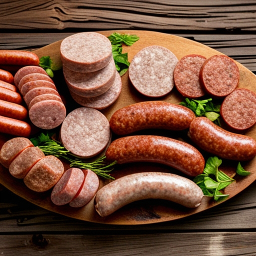 An assortment of different types of sausages including links, patties, and regional varieties displayed on a rustic wooden table.
