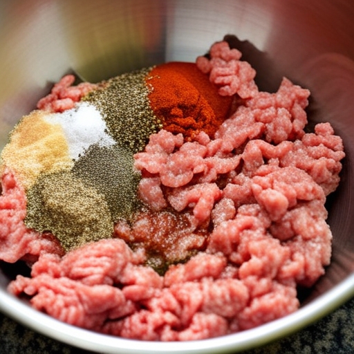 Close-up of raw sausage mixture being prepared, showcasing the ground meat, spices, and seasonings.