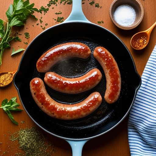 An overhead shot of sausage being pan-fried on a skillet with some herbs and spices sprinkled around.
