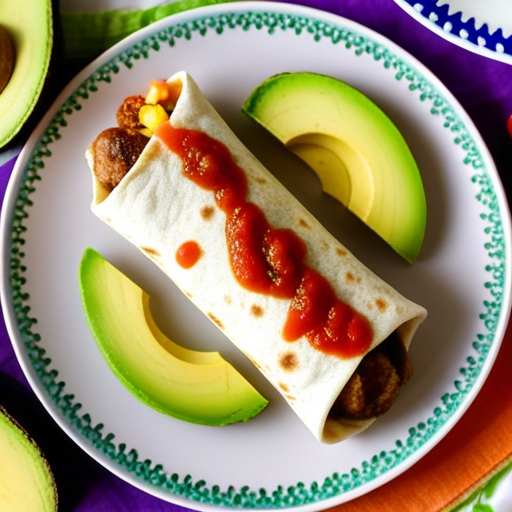 A beautifully arranged breakfast plate featuring a burrito made with sausage, topped with fresh avocado and salsa.