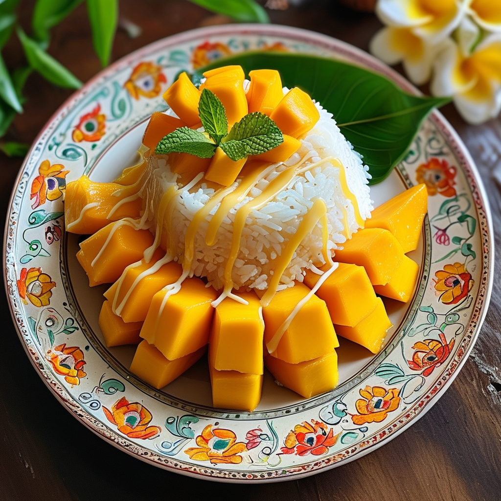 Thai Mango Sticky Rice Served on a Traditional Plate
