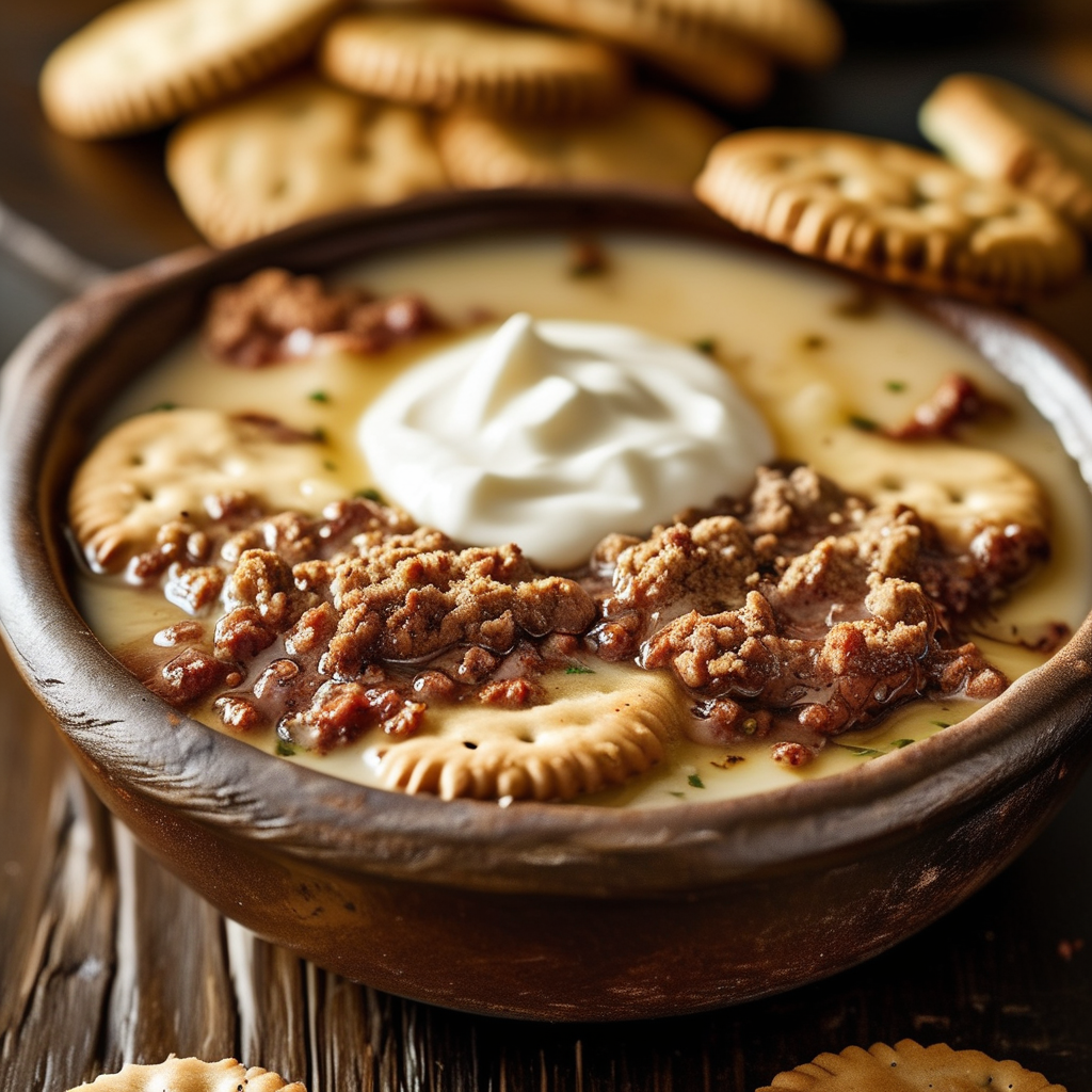 A close-up shot of a bowl of creamy Cracker Barrel gravy served over fluffy biscuits.