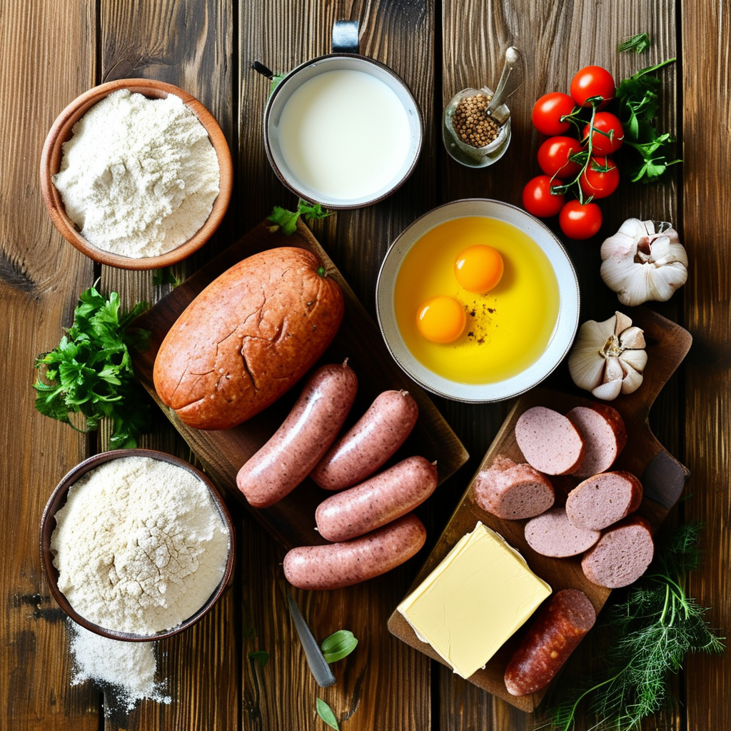 An overhead shot displaying the essential ingredients needed for Cracker Barrel gravy: flour, milk, sausage, and butter arranged aesthetically.