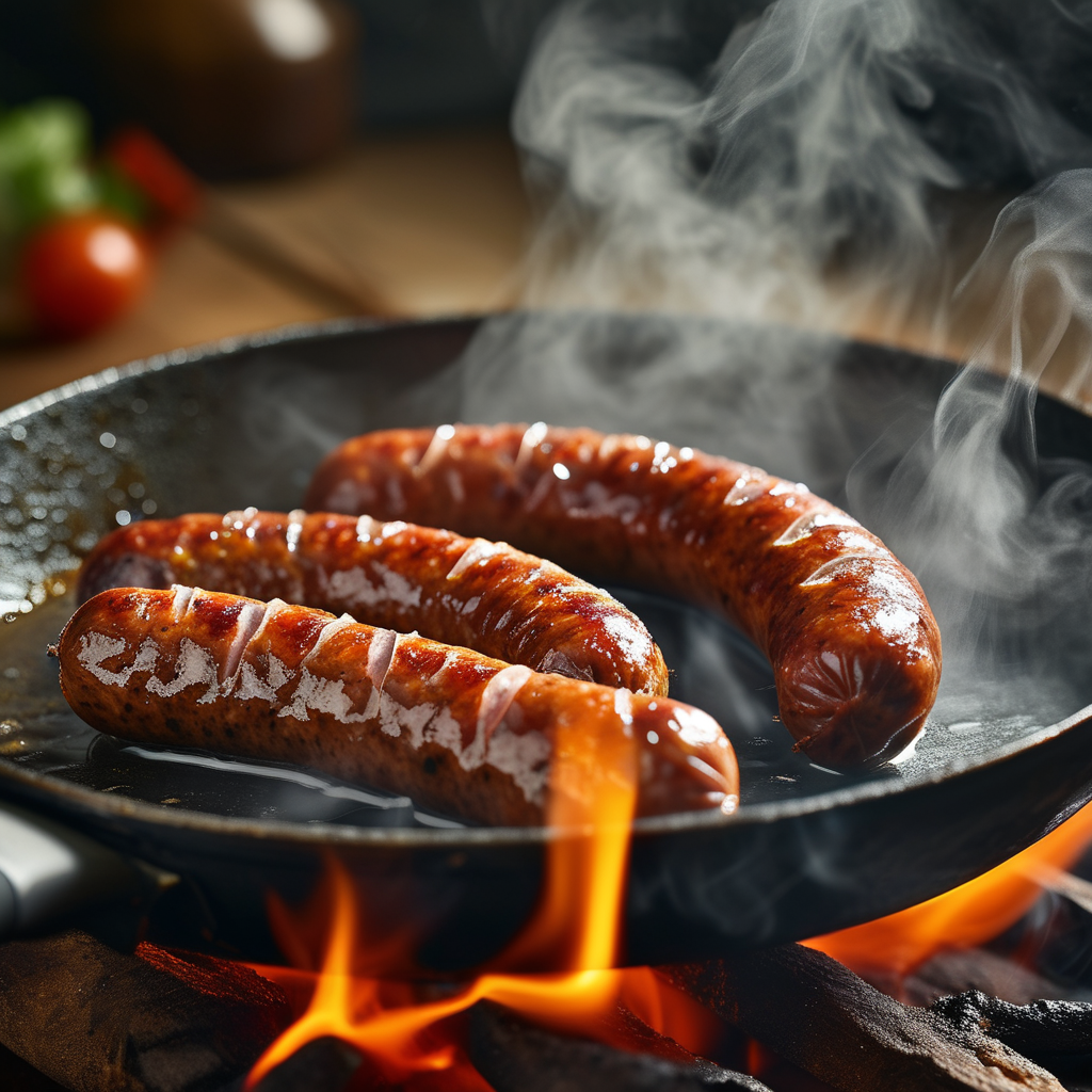 A dynamic capture of the cooking process showing the browning sausage in a skillet.
